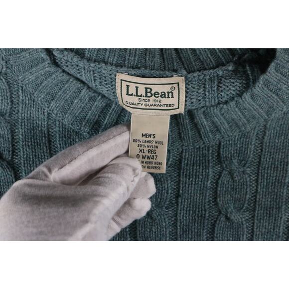 LL Bean Sweater Mens XL Green Wool Blend Cable Knit Fisherman Vintage Hong Kong - Picture 3 of 6
